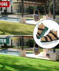 Green Heavy Duty Lawn Aerator Shoes With Spikes And Straps, One Size Fits All, shown in before and after lawn results