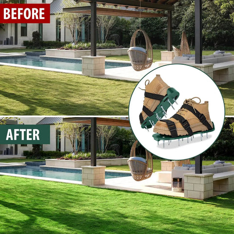 Green Heavy Duty Lawn Aerator Shoes With Spikes And Straps, One Size Fits All, shown in before and after lawn results