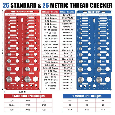 bolt thread checker tool with 26 standard and 26 metric gauges for quick DIY sizing and organization; bolt and nut size identifier image