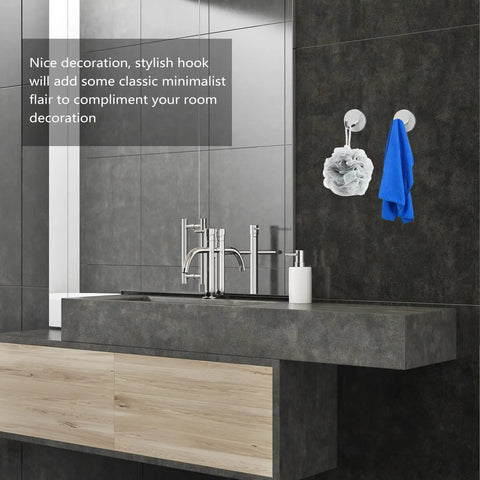 6 Pcs Stainless Steel Wall Hooks Zero Damage Install No Sweat Mount Heavy Duty Coat And Hat Hangers Punch Free Bath Towel Hooks Kitchen Racks Ridiculously Sturdy Versatile Home Storage Solution Gift Set holding blue towel and bath scrub in modern bathroom.