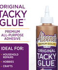 Original tacky glue bottle with label 'All Purpose Tacky Glue 8 Ounce Clear Non Toxic Dries Clear And Flexible Great For Fabric Silk Burlap'