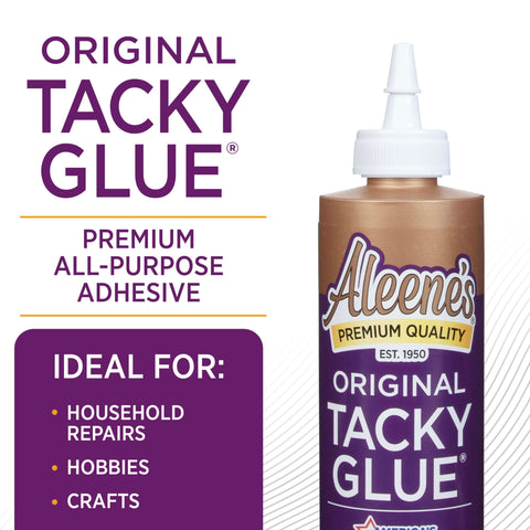 Original tacky glue bottle with label 'All Purpose Tacky Glue 8 Ounce Clear Non Toxic Dries Clear And Flexible Great For Fabric Silk Burlap'
