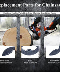 Chainsaw cutting wood with close-up of chainsaw components, showing Ten Pack Clutch Drum E Clip Set For Stihl Chainsaws Pro Grade Sprocket Clips Kit Fits MS170 MS180 MS210 MS230 MS250 MS251 MS440 MS460 MS660 And 017 018 021 024 026 Models