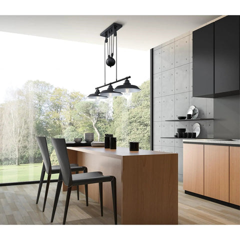 Iron Hill Vintage Style Three Light Indoor Pulley Pendant In Matte Black Finish With Silver Shade Interiors in modern kitchen