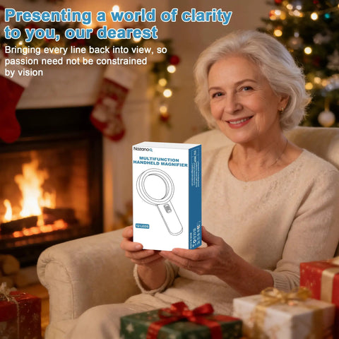 Elderly woman holding box of Crystal Clear Lighted Handheld Magnifier With 12 LEDs for seniors, seated by fireplace with holiday decor.