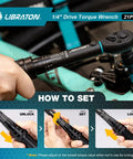 Hand using Bike Torque Wrench One Quarter Inch Drive Five To Twenty Five Newton Meters Micro Click Set with instructions.