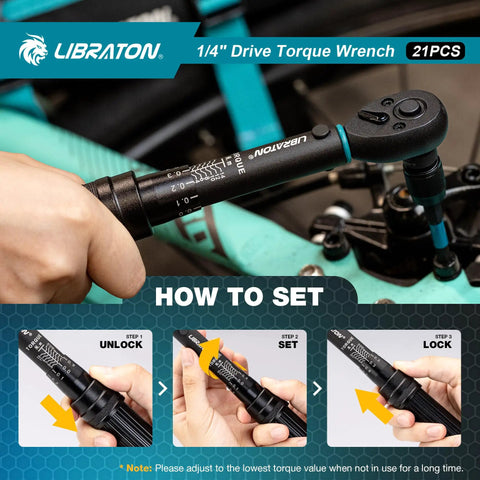 Hand using Bike Torque Wrench One Quarter Inch Drive Five To Twenty Five Newton Meters Micro Click Set with instructions.