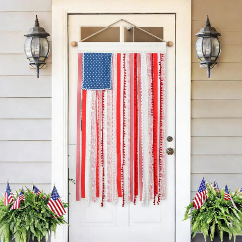Vintage American Flag Rag Ribbon Banner For Fourth Of July Decor, Rustic 4x2.3 Ft Mantel Yard Porch Flag on white door