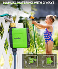Smart WiFi Water Timer For Garden Hose With Brass Inlet Sprinkler Controller in garden setting with child playing in background