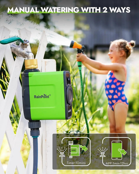 Smart WiFi Water Timer For Garden Hose With Brass Inlet Sprinkler Controller in garden setting with child playing in background