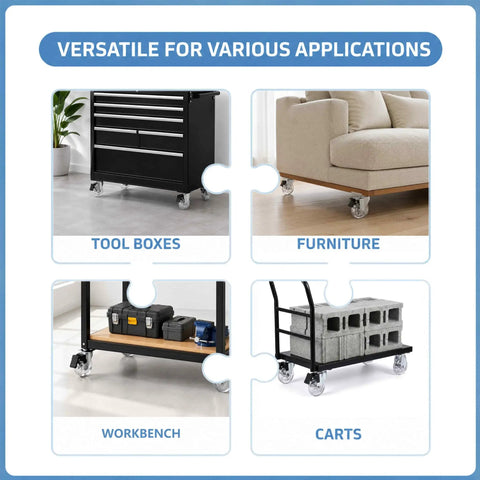 Clear Three Inch Caster Wheels Set Of Four on tool boxes, furniture, workbench, and carts for versatile mobility.