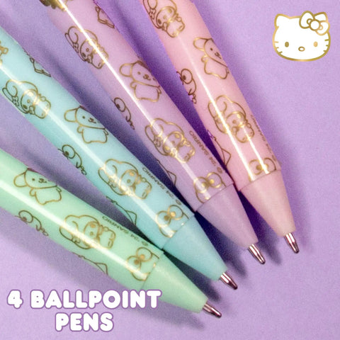 Kawaii Sanrio Pen Set With Four Color Ballpoint Pens Featuring My Melody And Kuromi Glitter Gold Foil Accents on purple background