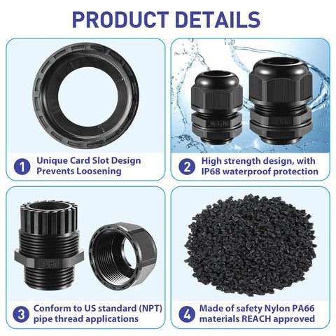 Product details of 25 Pack Nylon Cable Gland Joints One Half Inch NPT Waterproof IP68 with gaskets, highlighting unique card slot and high strength design.