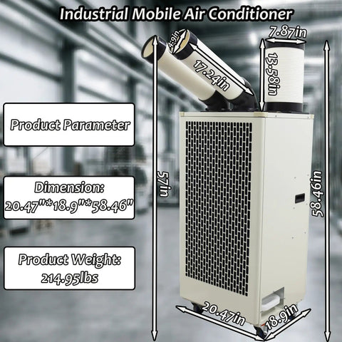 Industrial Mobile Air Conditioner 15400 BTU with dimensions 20.47x18.9x58.46 inches, designed for rapid spot cooling.