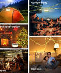 Collage showing 3 In 1 Camping Light And String Set With 32.8 Ft Reach, used for camping tents, outdoor parties, Christmas decor, backyard, and bedroom.