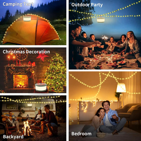 Collage showing 3 In 1 Camping Light And String Set With 32.8 Ft Reach, used for camping tents, outdoor parties, Christmas decor, backyard, and bedroom.