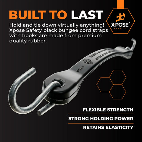 Close-up of Rubber Bungee Cords With Hooks 10 Pack 9 Inch Heavy Duty Black Tie Down Straps for outdoor use.