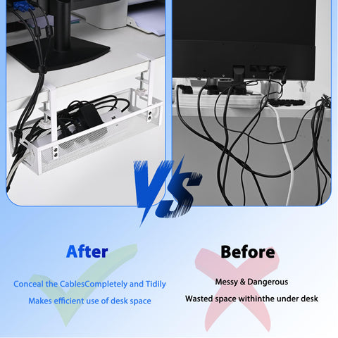 Comparison of under desk cable management with a white clamp-mounted tray vs tangled cables before installation