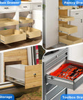 Soft Close Drawer Slides 22 Inch, 10 Pairs With Brackets shown installed in kitchen, pantry, RV, and toolbox drawers, silver finish.