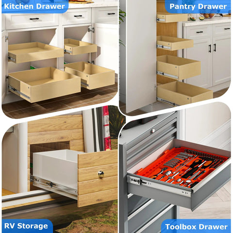 Soft Close Drawer Slides 22 Inch, 10 Pairs With Brackets shown installed in kitchen, pantry, RV, and toolbox drawers, silver finish.