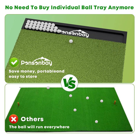 Integrated Golf Hitting Mat With Built In Ball Tray For Indoor And Outdoor Practice shown with ball tray and turf comparison.