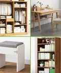 Home furniture collage with wardrobe, desk, stool, and bookshelf showcasing various storage and organizational styles.