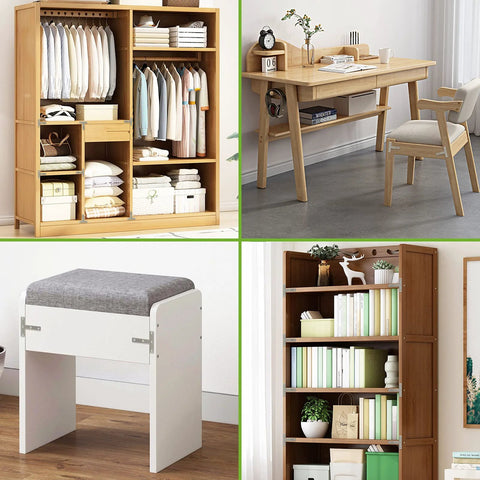 Home furniture collage with wardrobe, desk, stool, and bookshelf showcasing various storage and organizational styles.