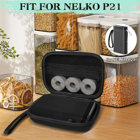 Heavy Duty Workhorse Hard Shell Label Printer Case With Three Rolls Of Adhesive Paper Tape Secure Travel Storage Pouch Compatible With Nelko P21, showing open case with three tape rolls.