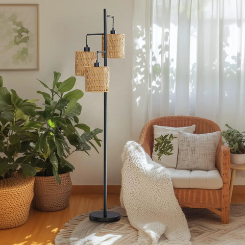 65 Inch Boho Rattan Floor Lamp With Three Lights, Farmhouse Tree Standing Lamp With Rattan Shades in cozy living room setting