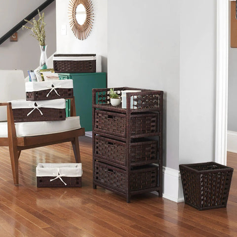 Woven 3 Drawer Chest With Cutout Handles For Small Spaces, Paper Rope Wicker Storage Organizer, Dark Stained Wood Frame, Compact Cabinet With Open Top Shelf For Nooks And Crannies