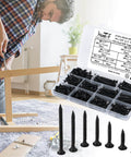 Man using a Six Gauge Black Oxide Drywall And Wood Screws Kit With 215 Piece Assortment Phillips Drive Countersunk Self Tapping Screws