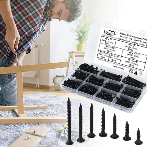 Man using a Six Gauge Black Oxide Drywall And Wood Screws Kit With 215 Piece Assortment Phillips Drive Countersunk Self Tapping Screws