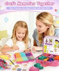 Mother and daughter using weaving loom kit for kids and adults DIY arts and crafts starter set with potholder loom loops and tools.