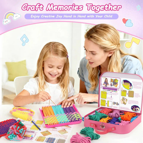 Mother and daughter using weaving loom kit for kids and adults DIY arts and crafts starter set with potholder loom loops and tools.