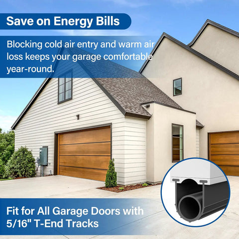 Garage Door Weather Stripping Kit With U And O Ring Seals, Bottom Rubber Seal Replacement shown on a garage door with 5/16 T-Ends.