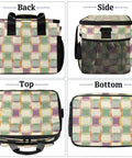 Insulated Picnic Backpack Lunch Bag with green purple design showing back, side, top, and bottom views, portable cooler tote 12x8.7x10in