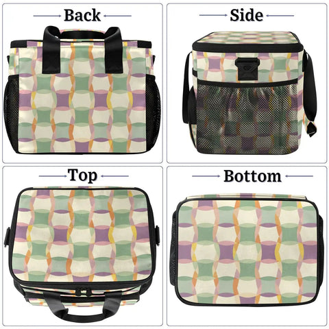 Geometrical Purple Insulated Picnic Backpack Tote For Women And Men with large main compartment shown from back, side, top, and bottom