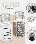 Clear Glass Salt And Pepper Shaker Set With Stainless Steel Lids For Modern Farmhouse Kitchen Decor shown with features.