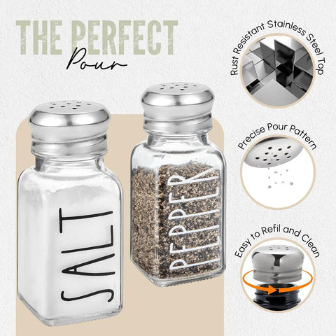 Clear Glass Salt And Pepper Shaker Set With Stainless Steel Lids For Modern Farmhouse Kitchen Decor shown with features.