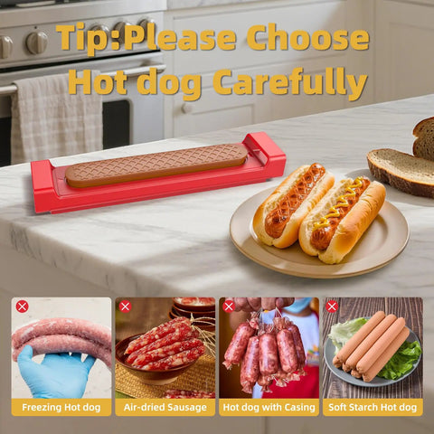 Hot Dog Cutter Criss Cross Slicer With No Touch Release And One Touch Eject for precise cuts next to sliced hot dogs on a counter.