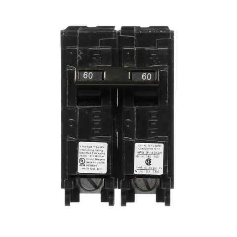 Q260H 60 Amp Double Pole 240V Type QPH Circuit Breaker, 22kAIC Interrupting, front view showing buttons and labels.