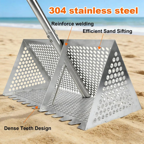 Beach Sand Rake Set With Detachable 52 Inch Handle And 16 Inch Mesh Screen, stainless steel sifter on sandy beach