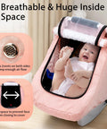 Baby in a pink All Season Waterproof Baby Car Seat Cover With 3D Mink Dot Interior Dual Breathable Vents Universal Canopy.