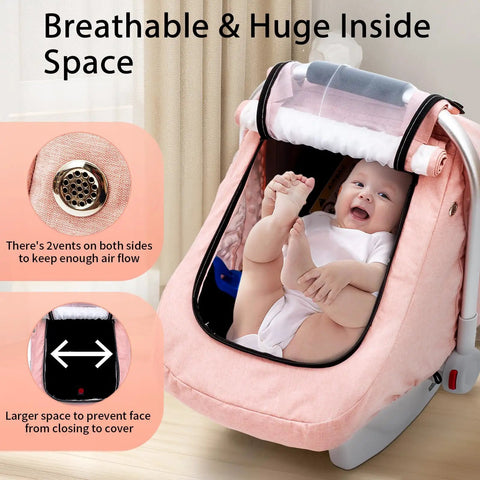 Baby in a pink All Season Waterproof Baby Car Seat Cover With 3D Mink Dot Interior Dual Breathable Vents Universal Canopy.