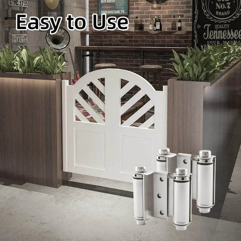 3 Inch Double Action Spring Door Hinge Set with Satin Nickel Finish shown on saloon bar door in cafe setting