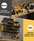 4 Layer Power Tool Organizer Wall Mount With Cordless Drill Hanger Storage Rack And Battery Tools Holder With Charging Station Shelf installed on wall, showcasing tools organized in garage.