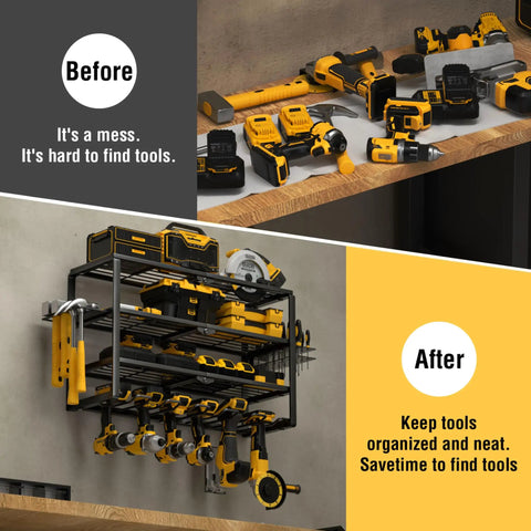 4 Layer Power Tool Organizer Wall Mount With Cordless Drill Hanger Storage Rack And Battery Tools Holder With Charging Station Shelf installed on wall, showcasing tools organized in garage.