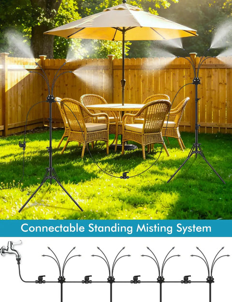Outdoor Misting System for Patio and Yard, Adjustable 5.25 Foot Standing Mister With 26.5 Foot Misting Line in garden setup