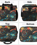 Back, side, top, bottom views of insulated picnic backpack lunch bag with motorcycle design for beach, work, travel, and office.