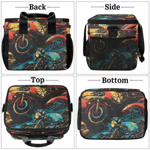 Back, side, top, bottom views of insulated picnic backpack lunch bag with motorcycle design for beach, work, travel, and office.